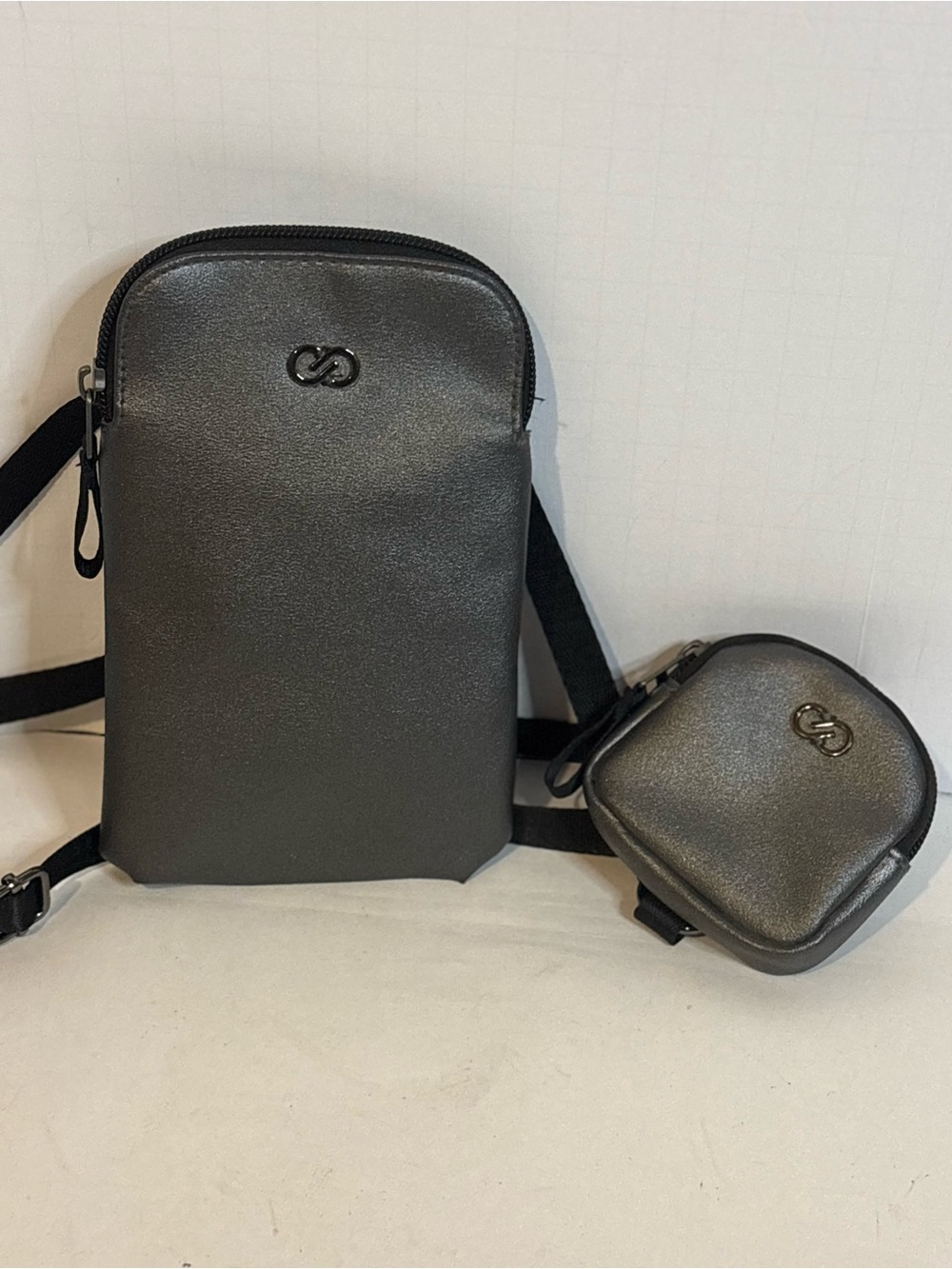 Sleek Metallic Charcoal Crossbody Bag with Matching Pouch